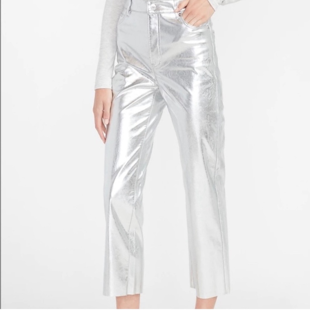 Express Metallic Silver Pants — Straight Leg Super High Rise